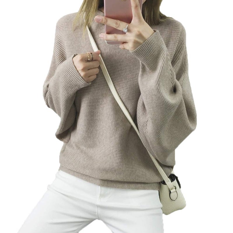 Ckikiou Womens Lightweight Oversized Boat Neck Sweaters Tops Dolman Batwing Sleeve Ribbed Knitted Pullovers Khaki - Image 2